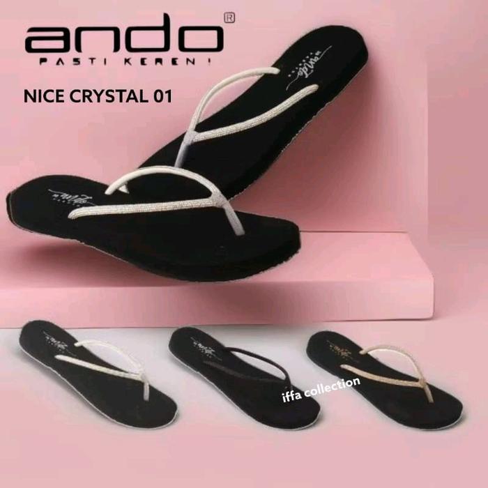 Ando Nice Crystal 01 Sandal Wanita Hitam dengan Tali Putih Elegan dan Nyaman