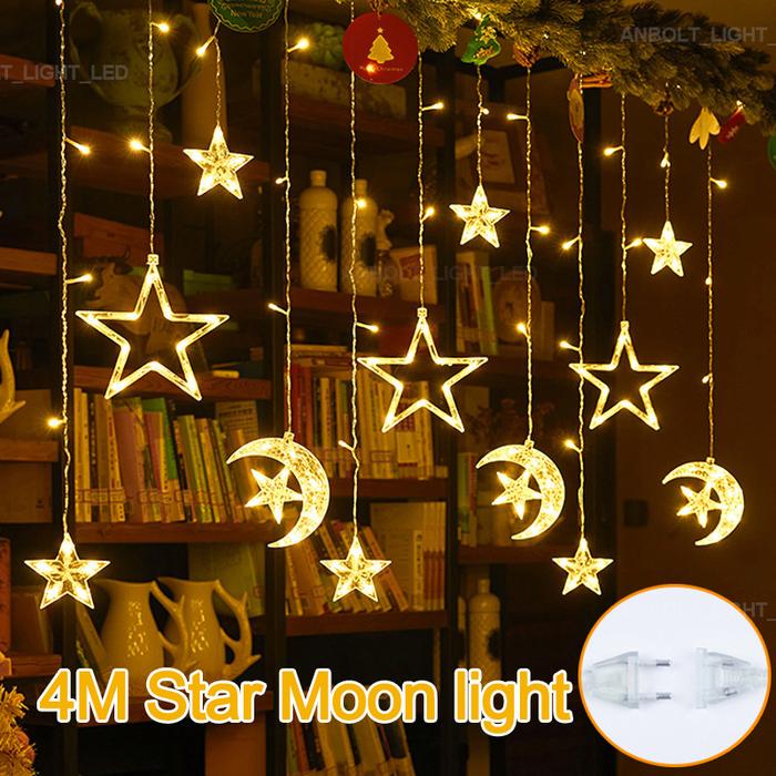 2024 Lampu Led 4Meter Lampu Hias Agustusan Lampu Kelap Kelip Lampu Tirai Bintang Bulan Waterproof La