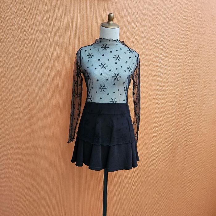 atasan wanita hitam tile motif snowflakes S M cewek MEWAH lengan panjang cute turtle neck