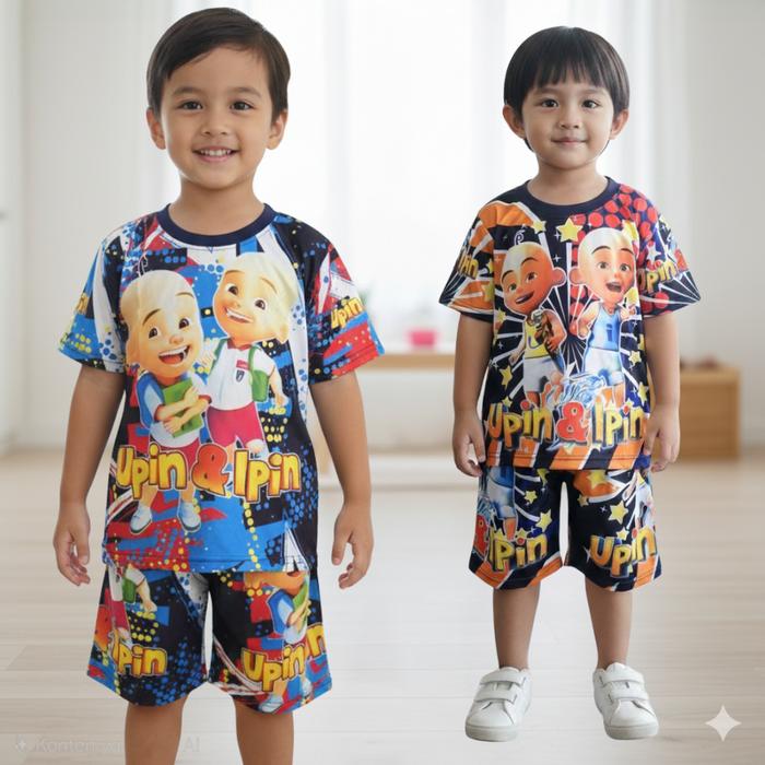 setelan anak upin ipin printing baju upin ipin kaos upin ipin umur 4-12 tahun