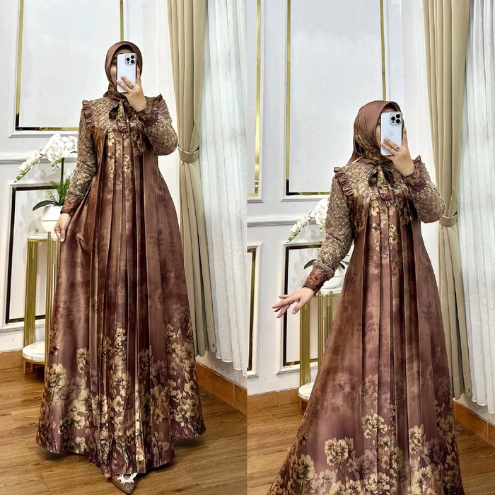 terbaru gamis motif armany brown kombinasi tile set hijab/dress fashion mewah Muslim Pesta Kondangan