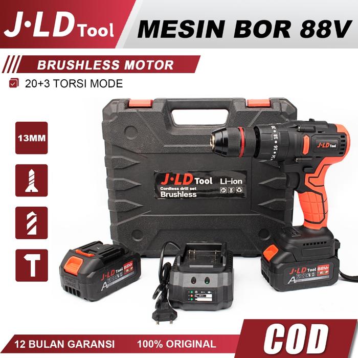 JLD 88V Brushless Mesin bor Impact 13MM Chuck Logam 20+3 Cordless Drill 200NM J13 Asli 2Baterai Set