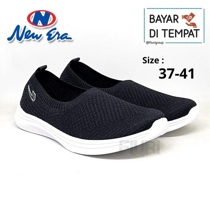 FIURI - NEW ERA - SHEILA SABRINA 37-41 HITAM PUTIH - SEPATU SNEAKERS SLIP ON WANITA - SEPATU KNIT RA