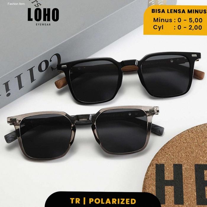 LOHO Kacamata Hitam Polarize Anti Uv 400 Motif Kayu Sunglasses Bisa Minus Frame Bentuk Wayfarer Fash
