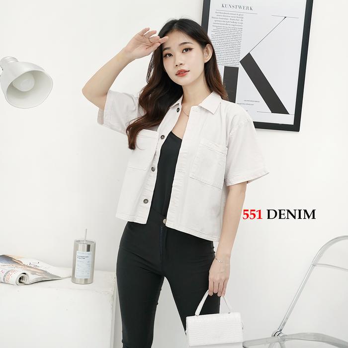 551 Kemeja Jeans Putih Wanita Lengan Pendek Atasan Shirt Denim LD 110 Cm Jumbo