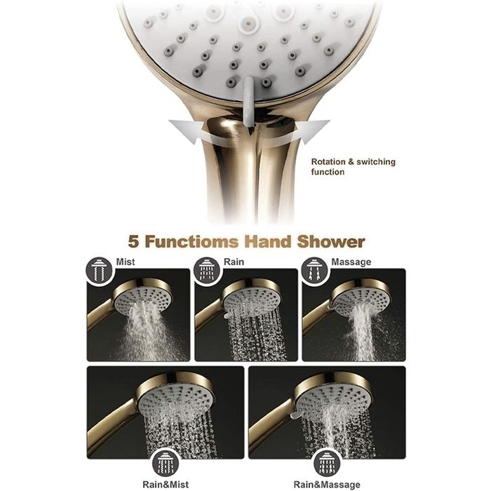 Brushed Gold Handheld ABS Shower Head Water Saving Hand Shower Head 5 Function Rain Hand Held Showe