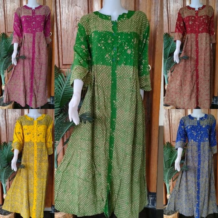 Sekdres Qiana Daster Panjang Lengan 7/8 Depan Kancing Ukuran XL Batik Putri Diana