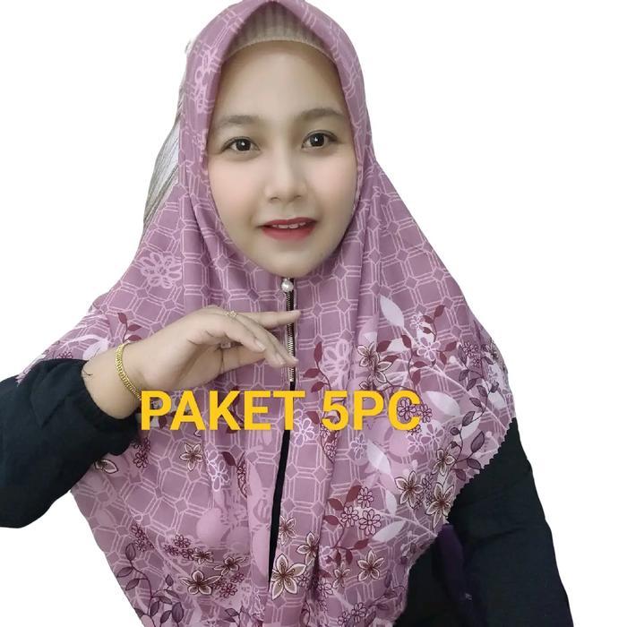 Paket Hemat Hijab Ziper Motif 5Pc Instan Mewah Zipper Muslim Mutiara Hijab Motif Voal Azahra Lembut 
