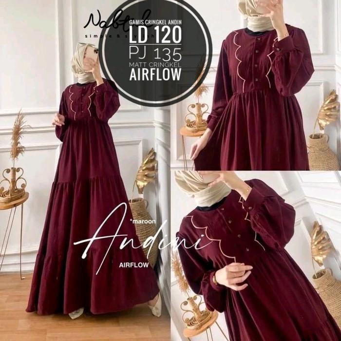 gamis cringkel andin cantik murah premium Formal Muslim Panjang Wanita Crinkle Kancing Dress Nyaman