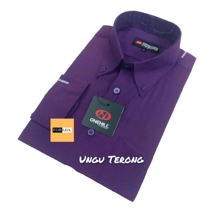Kemeja Polos Onehill Ungu Terong Reguler Fit Pria Dewasa - Katun, Kerah, Baju, Panjang, Casual, Slim