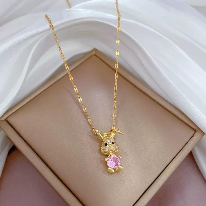 Puci Jewelry Kalung Titanium Wanita Rantai Biji Kopi Pipih Liontin Kelinci dengan Paduan Batu Zircon