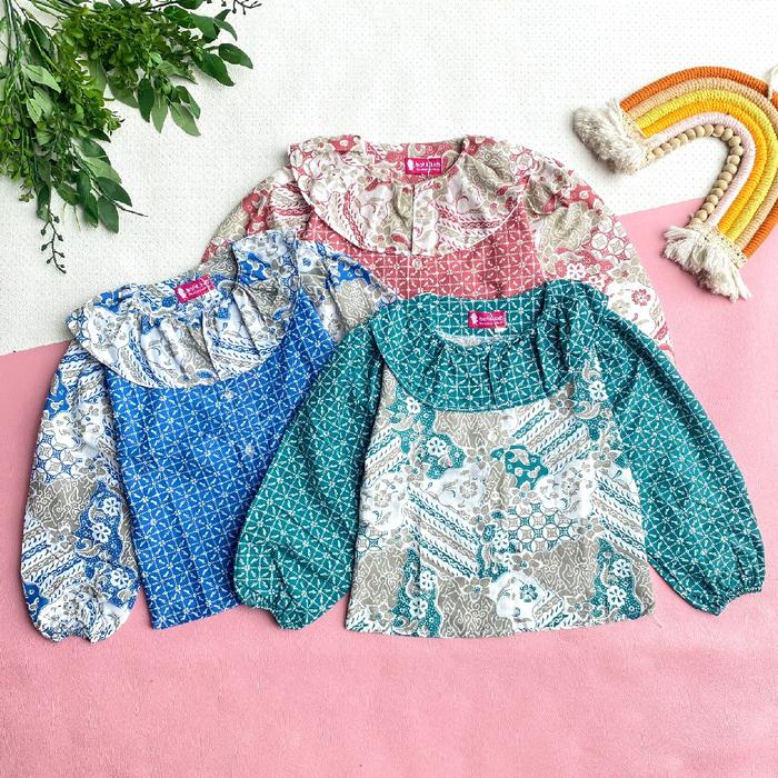 Batik Kids New Blouse Tiara Muslim Hijab Friendly Model Lucu Kombinasi Motif Kerah Ruffle Cocok Untu