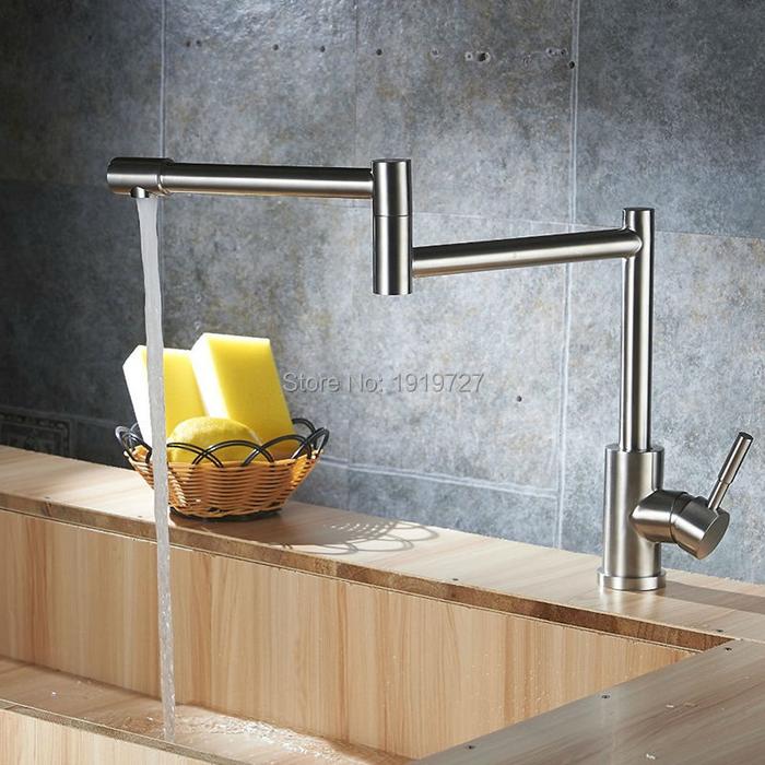 Brushed Stainless Steel Pot Filler Faucet Lead Free with Dual Joint Swing Arm and Aerator Surface De