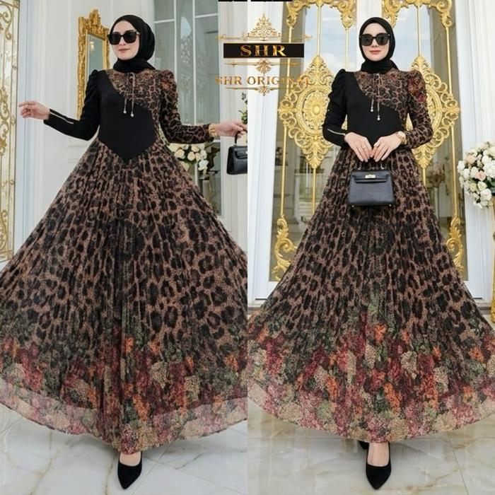 SHR ORI TERBARU READY MAXI DRESS LEOPARD MANJALITA BRUKAT RAJUT BY SHR ORI