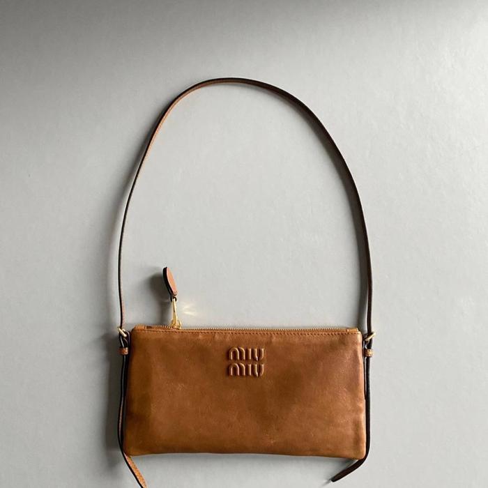 MIU MIU MINI Pouch  Nappa Leather With Shoulder Strap In Oak Brown Vintage  Size 22x11cm