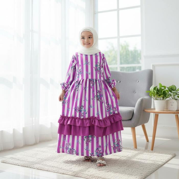 CARLINA Gamis Shanum Bunga Anak Perempuan Ruffle Dress Maxy
