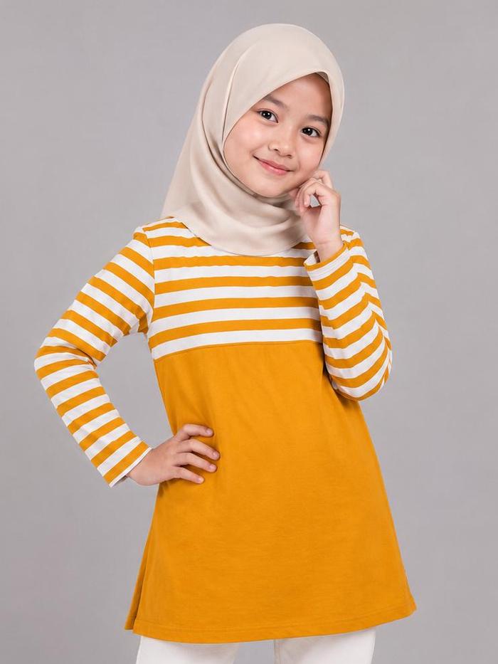 Tunik Anak Cotton Combed 24s Salur Putih kuning mustard Kombinasi kuning mustard