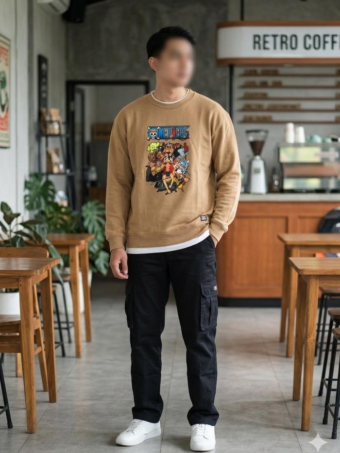 Crewneck Zara x One Piece Crew Light Brown Style
