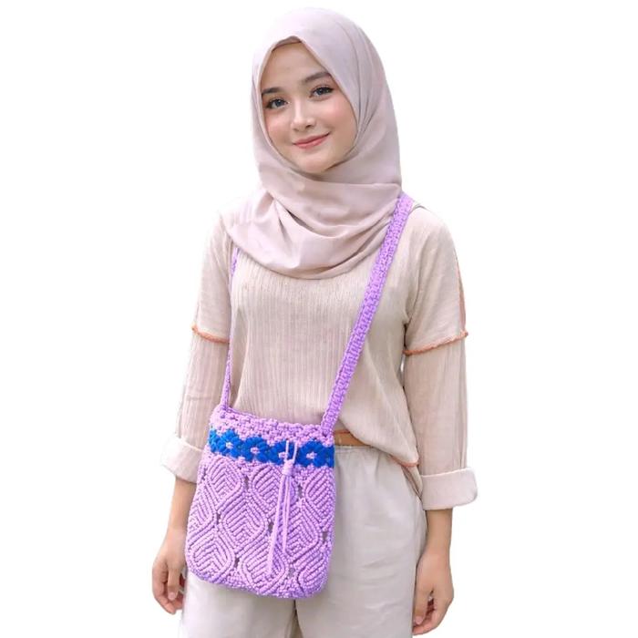 Tas Rajut Tali Kur Daun Kombinasi Bahan Macrame Ukuran Besar Anyaman Wanita Selempang