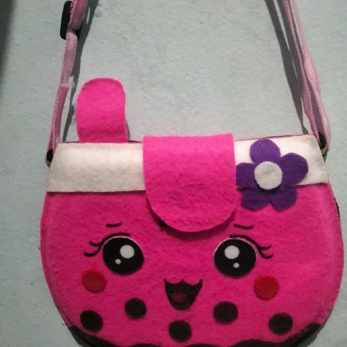 Tas Anak Flanel Lucu Boba dengan Desain Wajah Imut dan Bunga Ungu