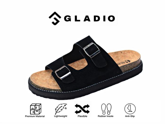 Gladio Sandal Slide Footbed Casual Vintage Two Strap Pria maggi Sued Hitam Abu