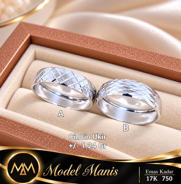 Cincin Polos ukir kilap emas putih 750 kadar 17k