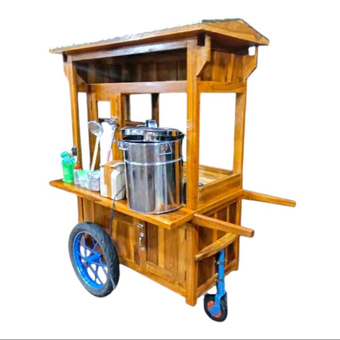 GEROBAK BAKSO KOMPLIT RODA TIGA Gerobak Bakso Dorong Kayu Mahoni dengan Ukuran Dandang 35cm & Perlen