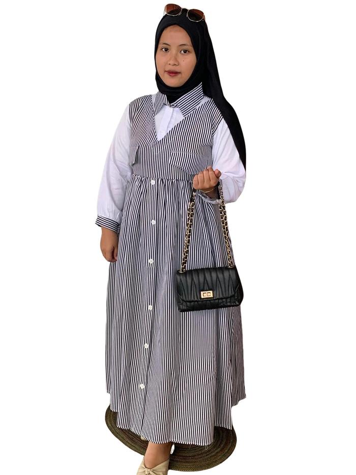 Adela MIDI dress  Wanita Rayon Twill mix katun Motif salur viral Nyaman Santai