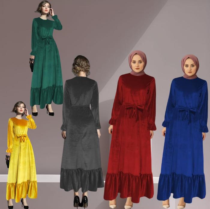 HR0031 Fashion muslim Maxi Dress Bludru Stretch + Tali Pinggang / Gamis Bludru / Gamis Velvet / Long