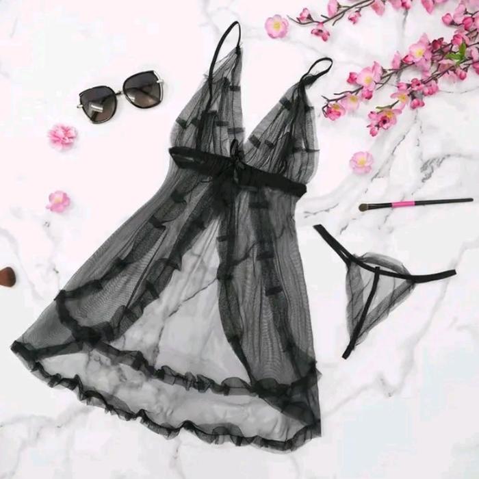 DNOOR Lingerie Baju Tidur Dinas Wanita Renda Transparan Model Belah Tengah Depan – Dress Lace Tipis 