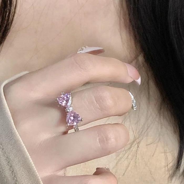 New Arrived Romantic Lovely Pink Bowknot Design Female Exquisite Jewelry Ring with Micro Bow Tie Zir