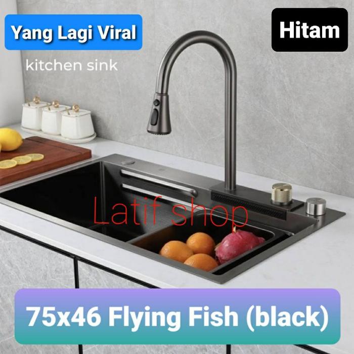 Kitchen sink Viral 75x46 flying fish black bak cuci piring 1 lubang hitam paket kran pans dingin mod