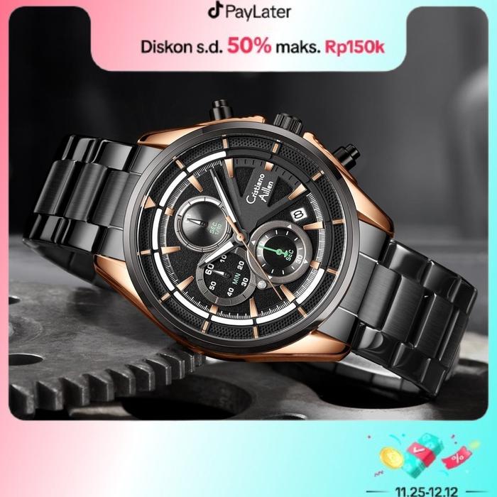 Cristiano Aillen Jam Tangan Pria Analog CA 8890 Rantai Stainless Steel Chronograph Kaca Sapphire Wat