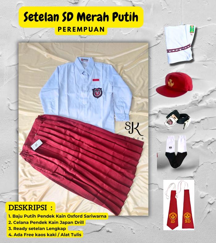 Setelan SD Merah Putih Perempuan Rok Bahan Licin