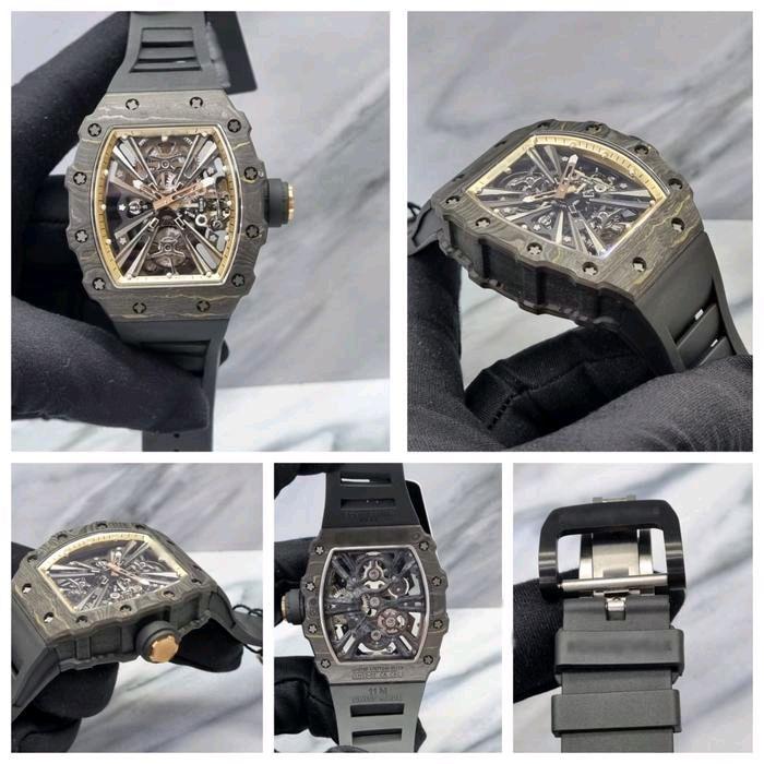 JAM TANGAN COWOK lRICHARD MILLE RM12-01 BLACK CARBON CASE TOURBILON 43MM BLACK RUBBER STRAP TRANSPAR