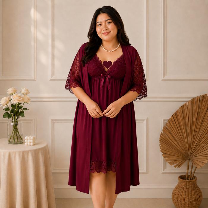 LindaGalz MAGGIE in Maroon 3in1 Pakaian Tidur Wanita Terbaru Kimono Set Lingerie Big Size Jumbo Baju