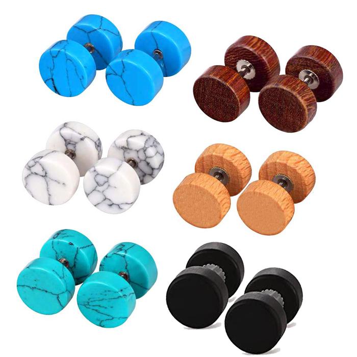1-6 Pairs Set Wood&Stone Fake Flesh Ear Tunnels Expander Plugs Stretcher Earrings Piercing Jewelry 1