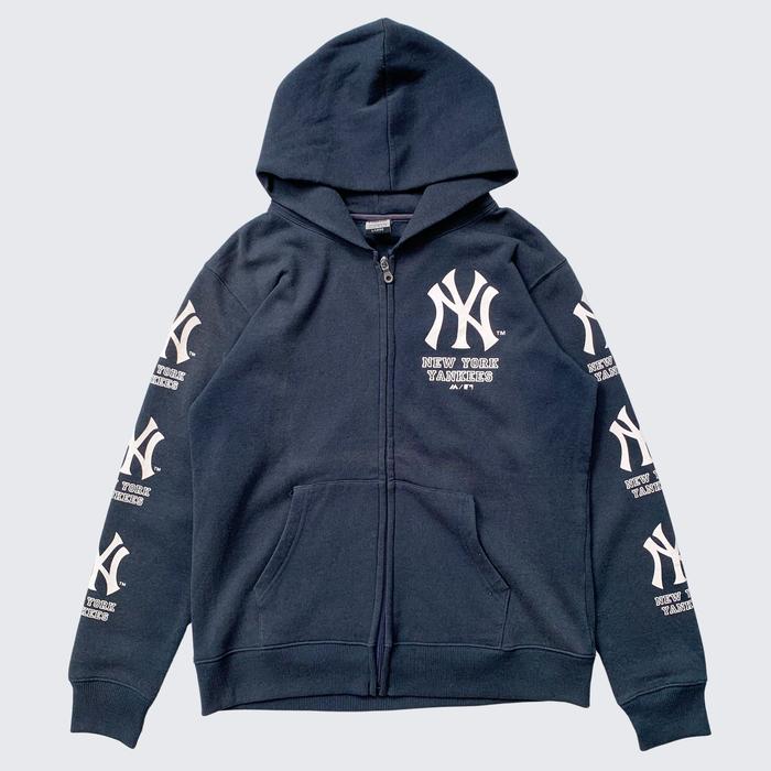 Black Faded 2000s New York Yankees By Majestic Athletic Taped Printed Zip Hoodie - Unisex - L