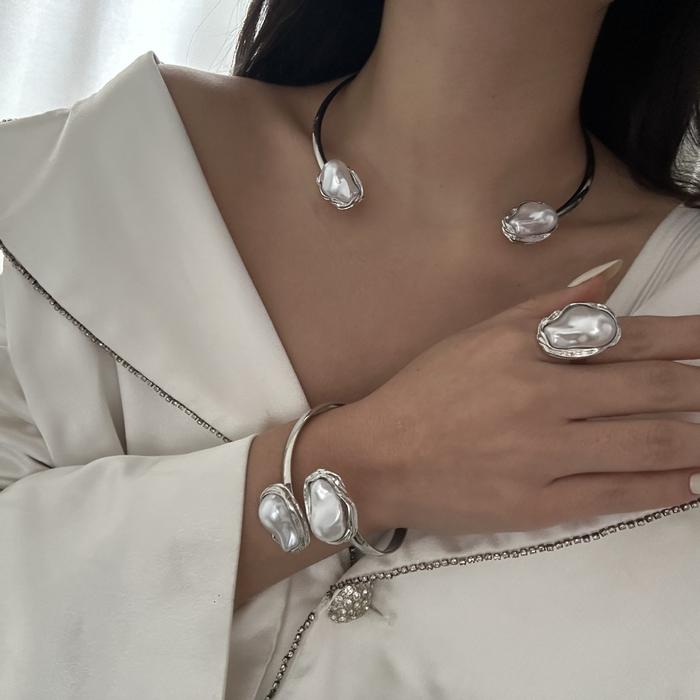 DIEZI French Style Baroque Imitation Pearl Torque Necklace Bangle Ring Set For Women Punk Gold Silve