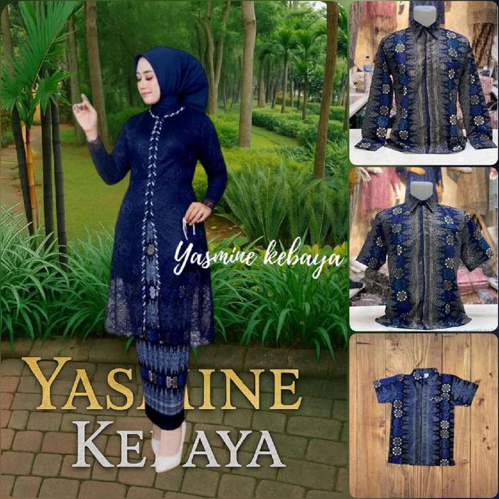Baju Couple Kebaya Brokat Tunik Kancing Payet Biru Dongker Set Rok Plisket Batik Wanita Couple Sarim