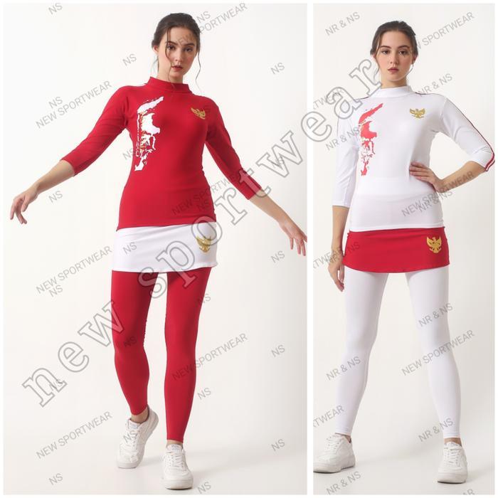 setelan baju olahraga wanita kaos agustusan merah putih celana rok senam wanita kaos olahraga tangan