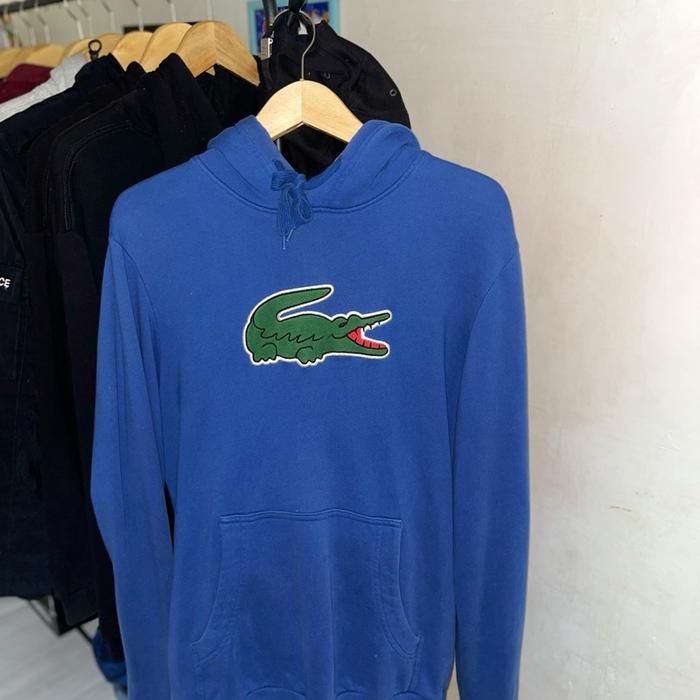 Lacoste Hoodie Pria Ukuran XL Sweater Biru dengan Logo Krokodil