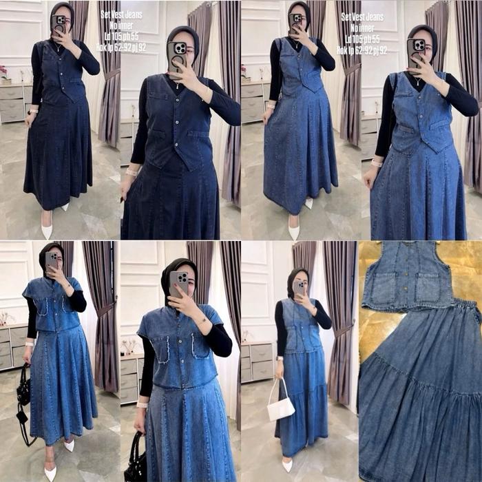 Setelan Rok Jeans Premium Wanita Formal LD 110 Crop Kotak Atasan Celana Panjang Blazer Muslim Stretc
