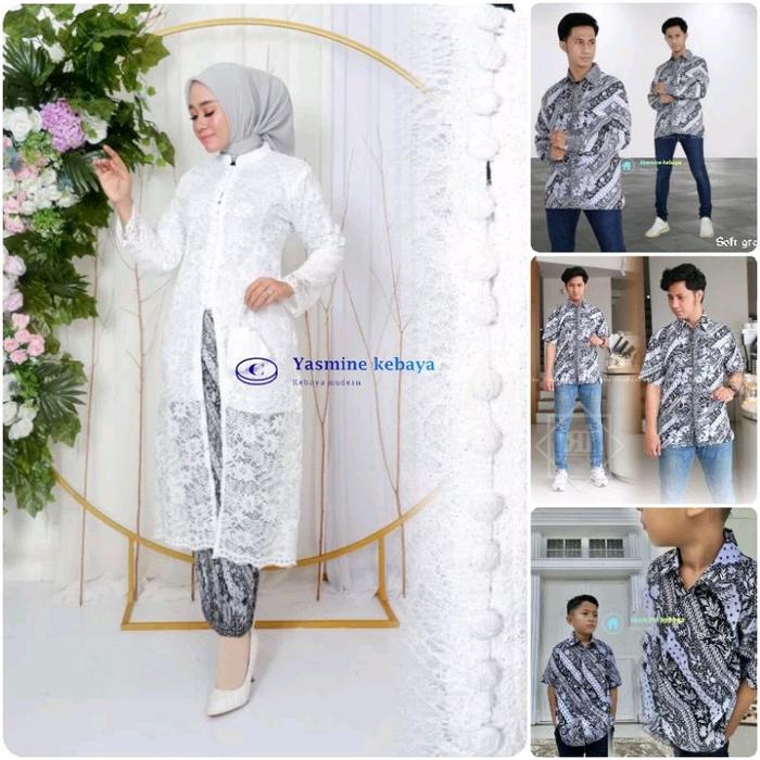 setelan couple tunik brukat warna putih / kebaya busui friendly / set rok plisket / set rok lilit / 