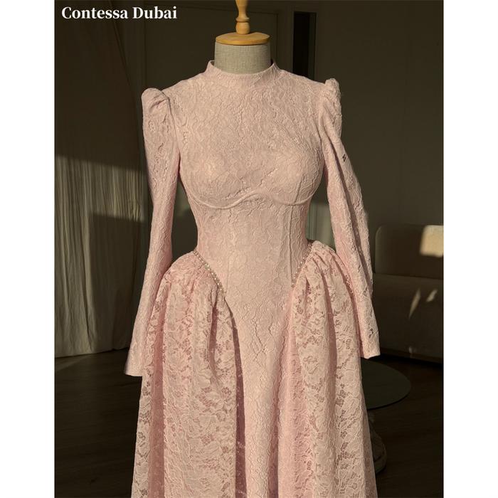 Contessa Custom Pink H h Ne Evening Dress Lace A- Prom Dresses Pearl Vestidos De Noche Formal Evenin