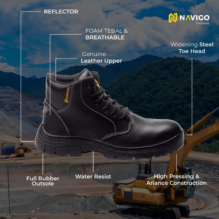 New!!! Navigo Sepatu Safety Pria Wanita Sb Scorpion Hitam - Safety Boots Kulit Asli Ujung Besi Anti 