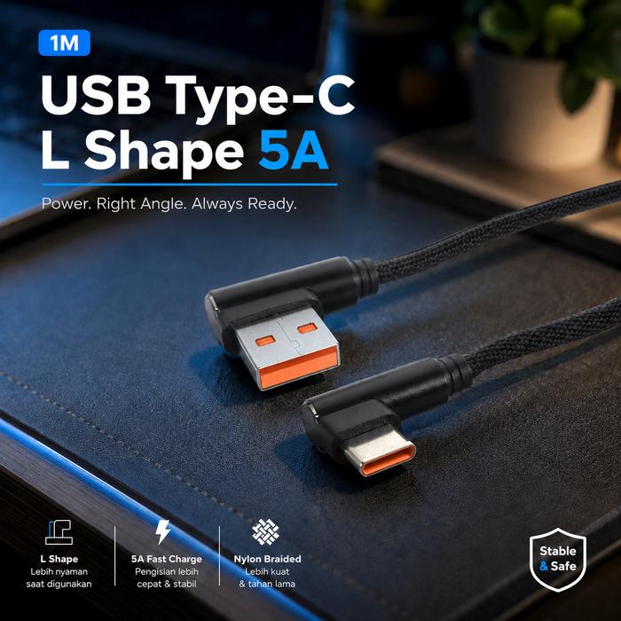 MalakuMall | Kabel Type C L Shape 1M | Fast Charging 5A | Kabel Data Charger Praktis