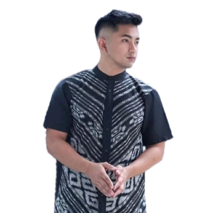 Kemeja Pria Songket Tenun Ikat Kombinasi Polos Katun Toyobo Motif Toraja Asmat Hitam - Model Pendek 
