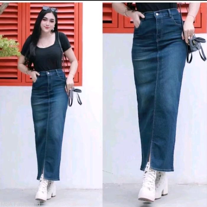 Rok Ceesa Span Jeans Skirt Panjang Belah Wanita Dewasa Variasi Kancing
