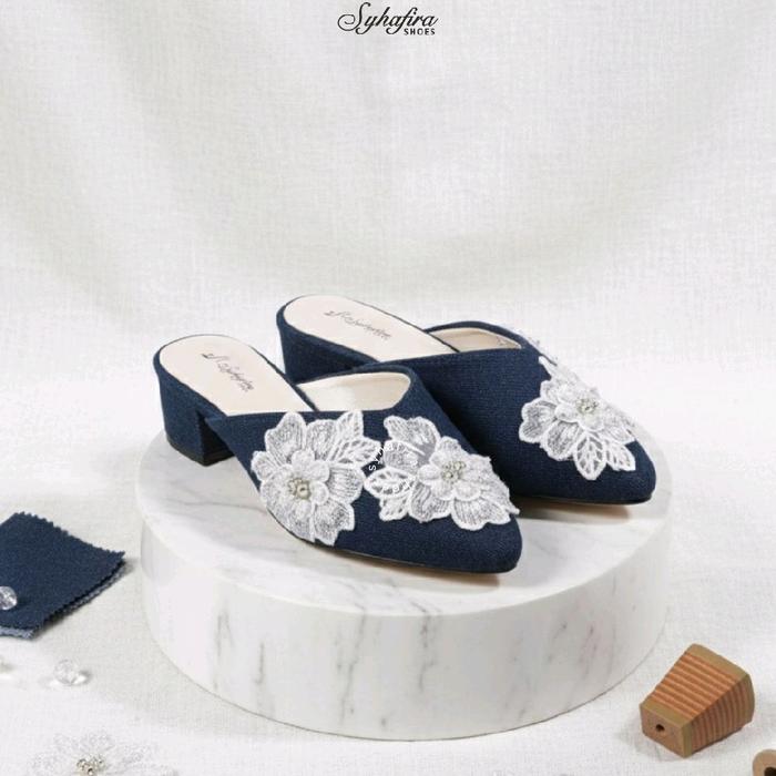 Selop wanita heels 3 cm tahu biru navy bunga